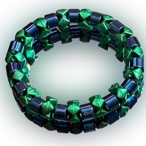 HANDCRAFTED Stretch Bead Bracelet With Gray Hematite Beads and Green Beads